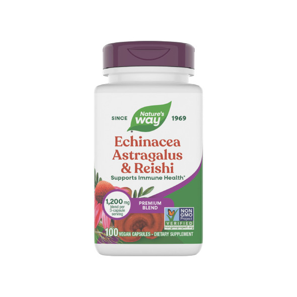 Nature'S Way Echinacea Astragalus & Reishi Premium Blend Supports Immune Health 1200 Mg Per 3-Capsule Serving Non-Gmo Project Verified 100 Vegan Capsules (Packaging May Vary)