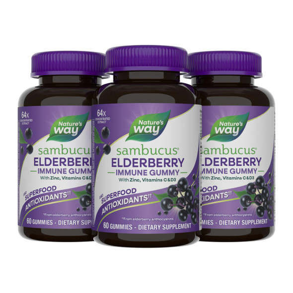 Nature'S Way Sambucus Elderberry Gummies Immune Support Gummy For Adults & Kids Ages 4 With Black Elderberry Extract Vitamin C Vitamin D3 And Zinc 60 Gummies (Set Of 3)