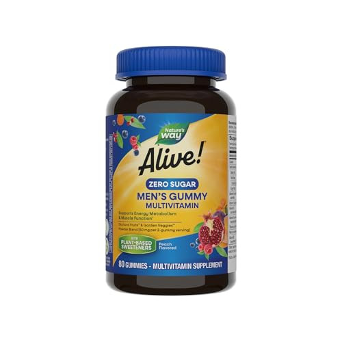 Nature'S Way Alive Zero Sugar Men'S Gummy Multivitamins Energy Metabolism Muscle Function B-Vitamins No Sugar Alcohols Plant-Based Sweeteners Peach Flavored 80 Gummies