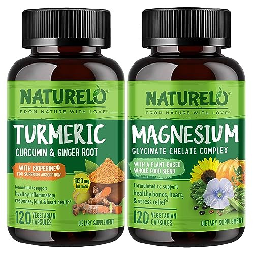Naturelo Tumeric Curcumin Plant Based Joint Support Magnesium Glycinate 200 Mg Magnesium - Gluten Free Non Gmo 120 Capsules