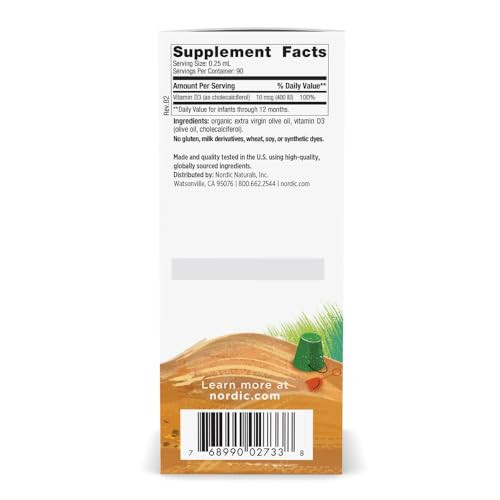 Nordic Naturals Baby S Vitamin D3 Unflavored  0.76 Oz  400 Iu Vitamin D3  Healthy Bones Immune System Support Normal Sleep Rhythms  Non Gmo Certified Vegetarian 90 Servings