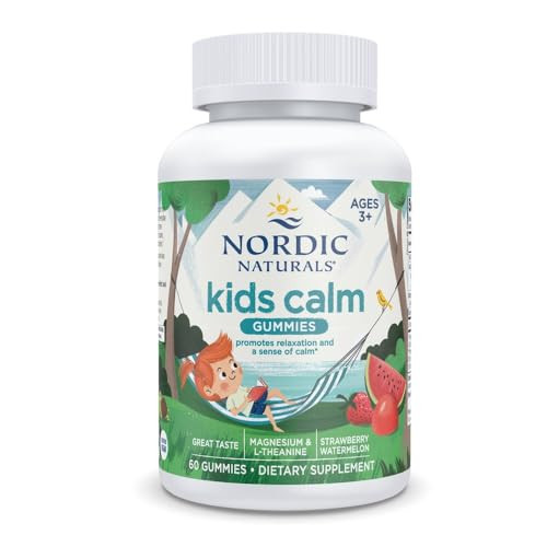 Nordic Naturals Kids Calm Gummies - Strawberry Watermelon - 60 Gummies - Magnesium L-Theanine Supplement - Calming For Kids - Relaxation Support - Up To 60 Servings