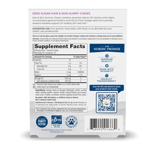 Nordic Naturals Zero Sugar Hair & Skin Gummy Chews Strawberry Lemonade - 27 Gummy Chews - Biotin Gla From Borage Oil - Promotes Healthy Balance Of Fats In Skin - Non-Gmo 27 Servings