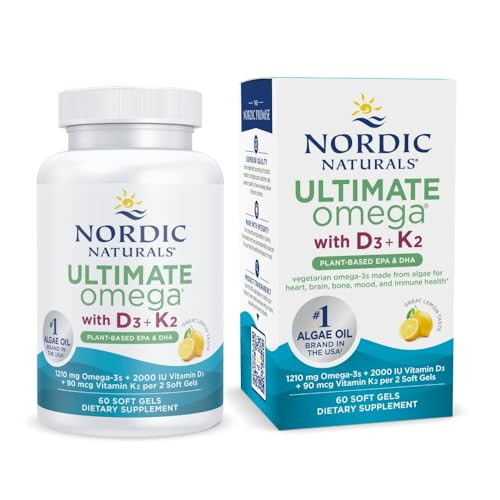 Nordic Naturals Ultimate Omega Plant Based Vitamin With Vitamin D3 K2-60 Vegetarian Soft Gels - 1210 Mg Omega-3S Plus 2000 Iu D3 And 90 Mcg K2 - Promotes Brain Health - Non Gmo 30 Servings