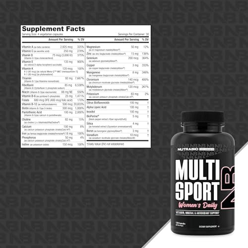 Nutrabio Multisport For Women - Womens Multivitamin - 33 Vitamins Minerals Micronutrients - Rich In Antioxidants - Supports Peak Athletic Performance Energy Metabolism (120 Vegetable Capsules)