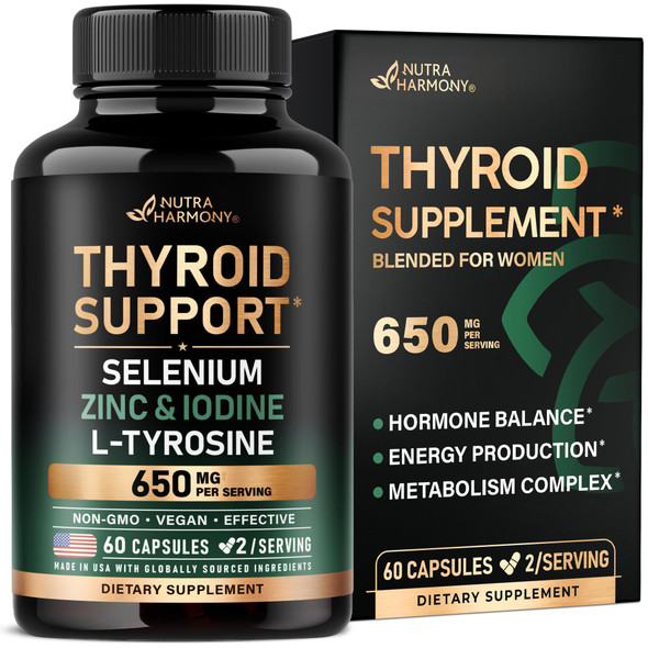 Nutraharmony Thyroid Support For Women - Selenium 200 Mcg Astragalus Zinc & Iodine L-Tyrosine Adaptogen Herbs - 21-In-1 Antioxidant & Immune Support - Made In Usa - Vegan Non-Gmo Lab Tested 60 Capsules