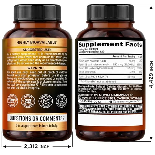 Nutraharmony Vitamin D3 K2 - Vitamin D3 10000 Iu & K2 120 Mcg - Immune & Mood Support For Bone & Teeth Health - With Zinc Vitamin C & B12 - Highly Bioavailable - For Men & Women - Made In Usa 120 Softgels