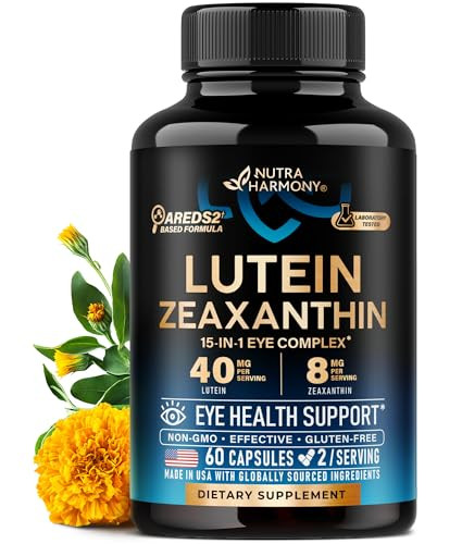 Nutraharmony Eye Vitamins - Lutein And Zeaxanthin Supplements - Areds2 Based Supplement For Seniors & Adults - Eye Health & Vision Support - Saffron Zinc Vitamins Copper Super Greens - Made In Usa 60 Capsules