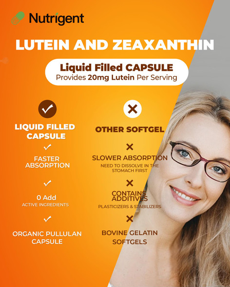 Nutrigent Lutein 20 Mg With Zeaxanthin Liquid Filled Organic Capsules Eye Health Supplements Support Vision Health Gluten Free Soy Free (60Ct)