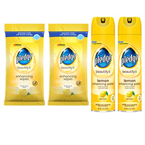 Pledge Multi-Surface Cleaner Spray And Wipes Bundle Works On Leather Granite Wood Lemon Scent (2 Count Of 9.7 Oz Cans And 2 Pack Of 24 Wipes)