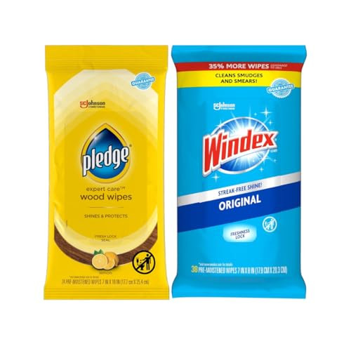 Pledge Expert Care Wood Wipes & Windex Glass Cleaning Wipes Bundle 24Ct Lemon Scent Wood Wipes & 38Ct Original Glass Wipes For Surface Cleaning