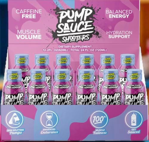 Pump Sauce Shooters Gummy Worms- 2Oz Bottles (Pack Of 12) - Pre Workout No Caffeine Full Spectrum Liquid Gluten Free Vegan Zero Sugar