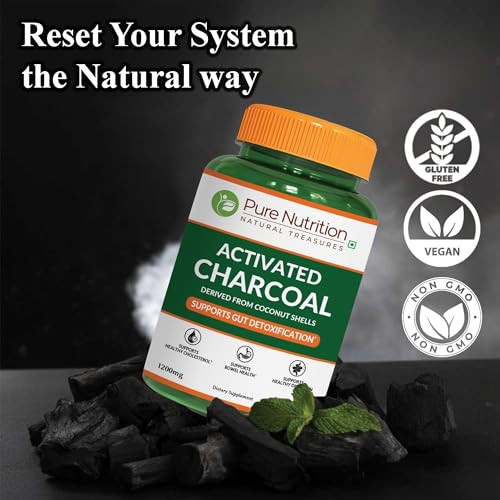 Pure Nutrition Activated Charcoal 600Mg - Coconut Shell Derived 180 Veg Caps Activated Charcoal Helps Support Digestion And General Wellness Non-Gmo