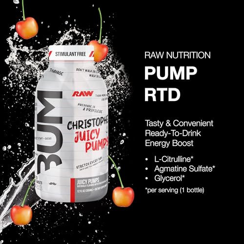 Raw Ready To Drink Pre-Workout Drink Juicy Pumps (White Cherry) - Bum Pump Rtd Zero-Sugar Energy Supplement Drink - Caffeine-Free & Sugar-Free Energy Drinks With L-Citrulline 12 Fl Oz