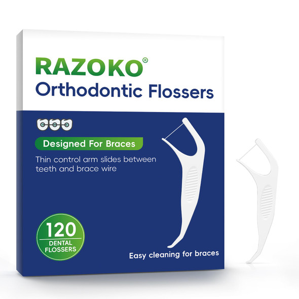 Razoko Orthodontic Flossers For Braces Ortho Dental Floss Picks For Adults & Kids Premium Thin FlossDesigned For Braces Unflavored 120 Count