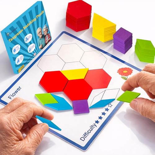 Savofuner Memory Care Activities For Seniors Wooden Cognitive Games For Elderly 80 Pieces Tangram Puzzles For Alzheimer And Dementia Patients Large Wooden Colorful Shape Pattern Matching Board s (Hard)