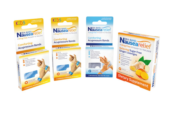 Sea-Band Motion Sickness & Nausea Relief Family Kit (1Pk Adult & 2Pk Of Child Wristbands Travel Sickness Colors May Vary & 1Pk Anti-Nausea Ginger Lozenges For Motion Sickness)