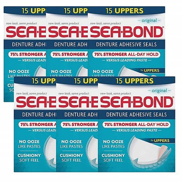 Sea-Bond Secure Denture Adhesive Seals Original Uppers Zinc Free All Day Hold Mess Free 15 Count- Pack Of 6 ( 90 Total Uppers)