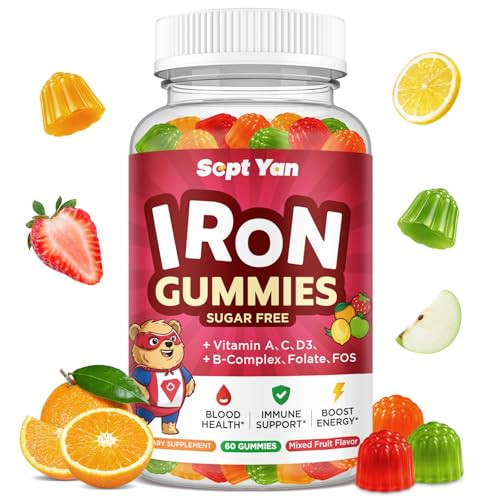 Sept Yan Iron Supplement Gummies For Kids Kids Multivitamin With Iron - Vitamin B Complex C D3 Calcium Folate Zinc Fos For Blood Builder & Energy Support Iron Deficiency VeganMixed Fruit Flavor60 Ct