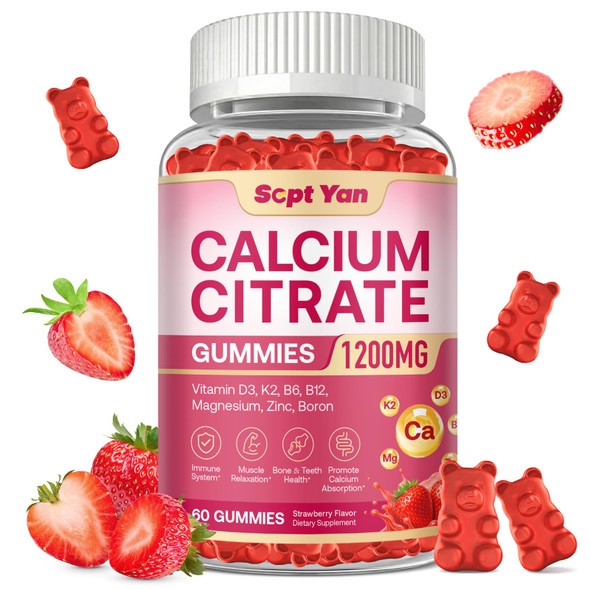 Sept Yan Calcium Citrate Gummies 1200 Mg Calcium Gummies Supplements For Women & Men With Vitamin D3 K2 Magnesium Zinc B6 & B12 High Absorption For Bone Muscle & Immune Support Strawberry Flavor60 Ct
