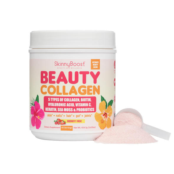 Skinnyboost Beauty Collagen Powder-5 Types Of Hydrolyzed Collagen Sea Moss Biotin Keratin Hyaluronic Acid Vitamin C And Probiotics hair Skin Nails- All Natural Made In Usa-45 Servings- Mixed Berry