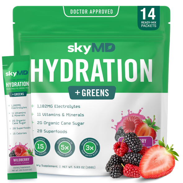 Skymd Hydration Greens Electrolytes Powder Packets Low Sugar 15 Calories 12 Vitamins & Minerals Sodium 28 Superfoods For Gut Health Wild Berry 14 Sticks