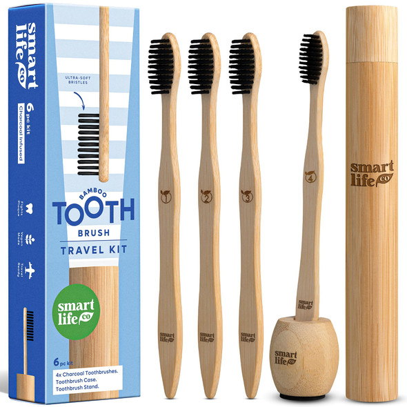 Smartlifeco Bamboo Charcoal Toothbrushes (4 Pack) With Travel Case & Stand - Extra Soft Bristles For Adults & Kids Teeth Zero Waste Travel Toothbrush Kit Natural Eco-Friendly Wooden Brush Holder Cover