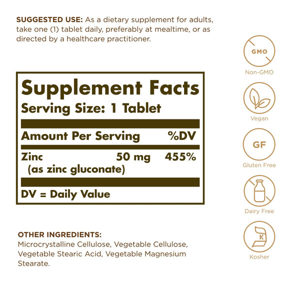 Solgar Zinc 50 Mg 100 Tablets - Zinc For Healthy Skin Taste & Vision - Immune System & Antioxidant Support - Supports Cell Growth & Dna Formation - Non Gmo Vegan Gluten Free 100 Servings