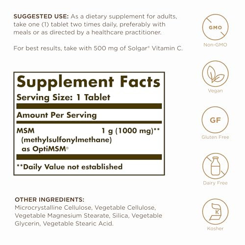 Solgar Msm 1000 Mg - 120 Tablets Pack Of 2 - Supports Joints & Connective Tissue - Non-Gmo Vegan Gluten Free Dairy Free Kosher 240 Total Servings