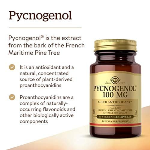Solgar Pycnogenol 100 Mg 30 Vegetable Capsules - Antioxidant Protection - Healthy Leg & Vein Support - Non-Gmo Vegan Gluten Free Dairy Free Kosher 30 Servings