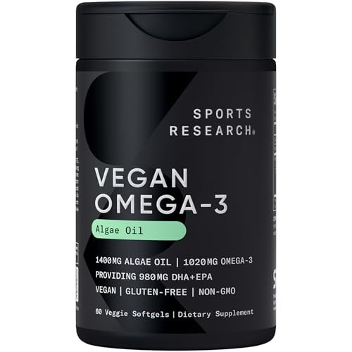Sports Research Vegan Omega-3 Fish Oil Alternative From Algae Oil - Highest Levels Of Vegan Dha & Epa Fatty Acids Non-Gmo Tested & Vegan Certified - 60 Veggie Softgels (Carrageenan Free)