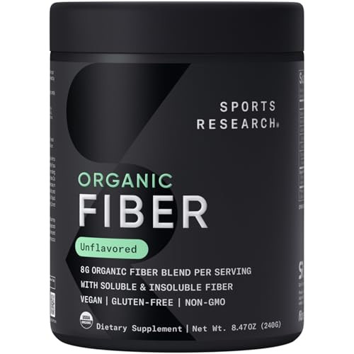 Sports Research Organic Fiber Unflavored Organic Fiber Powder - Daily Psyllium Husk And Prebiotic Agave Inulin Helps Maintain Regularity With Soluble & Insoluble Fiber - Easy To Mix 30 Servings