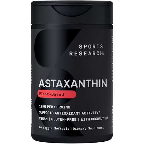 Sports Research Triple Strength Vegan Astaxanthin Supplement From Algae - Plant Based Softgels For Antioxidant Activity Skin & Eye Health - Non-Gmo Verified Made With Coconut Oil - 12Mg 60 Count