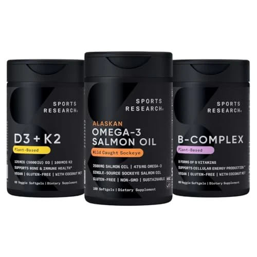 Sports Research Supplements Pack - Omega 3 Salmon Oil Vegan Vitamin D 5000Iu & Mk7 Vitamin K 100Mcg Vitamin B-Complex