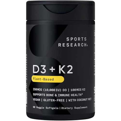 Sports Research Vitamin D3 K2 With 10000Iu Of Plant-Based D3 & 100Mcg Of Vitamin K2 As Mk-7 Non-Gmo Verified & Vegan Certified 60Ct