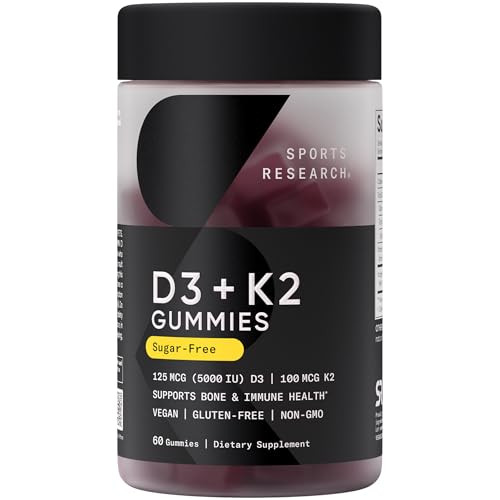 Sports Research Vegan Vitamin D3 K2 Sugar-Free Gummies - 125Mcg (5000Iu) Vitamin D W/ 100Mcg Mk7 Vitamin K - Supports Bone & Immune Health - Vegan Certified Non-Gmo Soy Free 60 Count