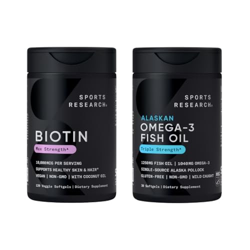 Sports Research Triple Strength Omega 3 Fish Oil 1250Mg From Wild Alaska Pollock - Burpless Fish Oil Supplement With Omega3S Epa & Dha And Vegan Biotin 10000Mcg Coconut Oil Max Strength B7 Vitamin