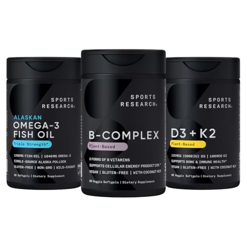 Sports Research Vitamin B-Complex - Full Spectrum Of B Vitamins (Plant-Based Vegan-Friendly) Triple Strength Omega 3 Fish Oil & Plant Based Vitamin K2 Mk7 Vegan D3 5000Iu