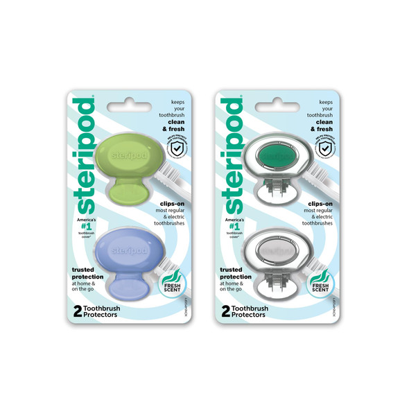 Steripod Clip-On Toothbrush Protector Keeps Toothbrush Fresh And Clean Fits Most Manual And Electric Toothbrushes Blue Green Clear 4 Count