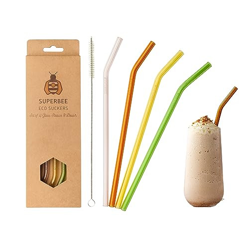Superbee Glass Straw Set With Case & Cleaning Brush - Bent Glass Straws For Drinks - 100 Vegan & Cruelty Free - Reusable Drinking Straws Pack Of 4 Straws