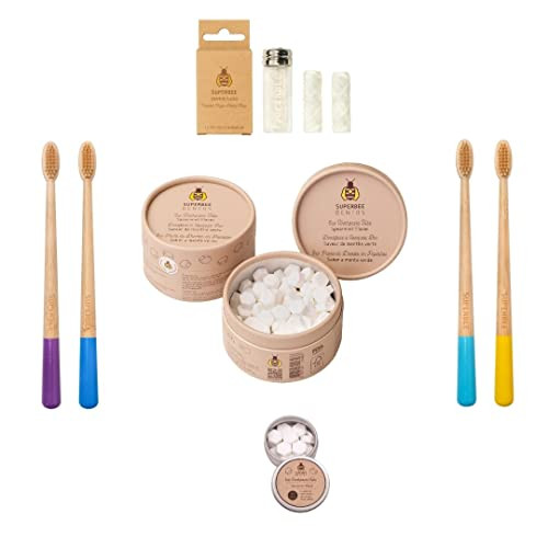 Superbee Family Kit With Dentos Toothpaste Tablets 300 Tabs Natural Floss Soft Bristles Bamboo Toothbrushes - Fluoride Free & Eco Friendly Housewarming Christmas Plastic Free