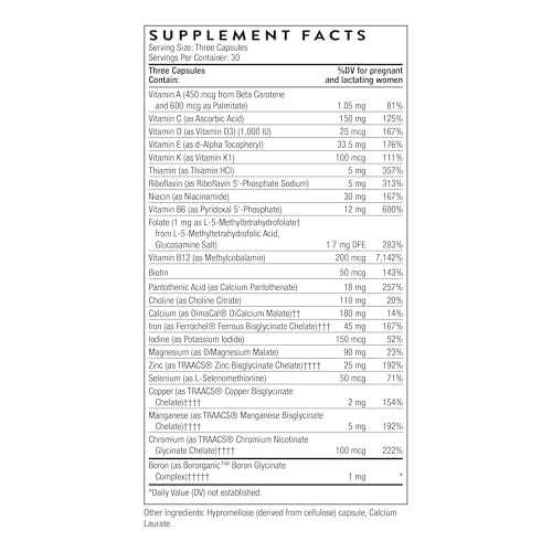 Thorne - Basic Prenatal - Well-Researched Folate Multi For Pregnant & Nursing Women - Includes 18 Vitamins & Minerals Plus Choline - Third-Party Certified - Gluten Dairy & Soy-Free 30 Servings