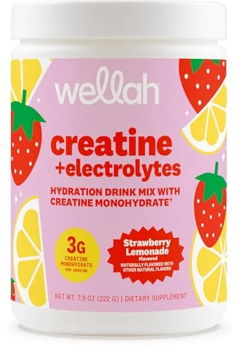 Wellah Creatine Electrolytes Powder (Strawberry Lemonade) 30 Servings - Hydration Drink Mix With 3G Of Creatine Monohydrate
