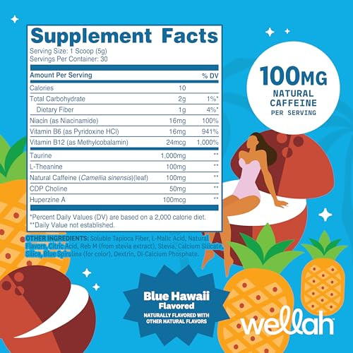 Wellah Energy Powder (Blue Hawaii) 30 Servings - Water Enhancer With Caffeine & L-Theanine 100Mg Of Natural Caffeine