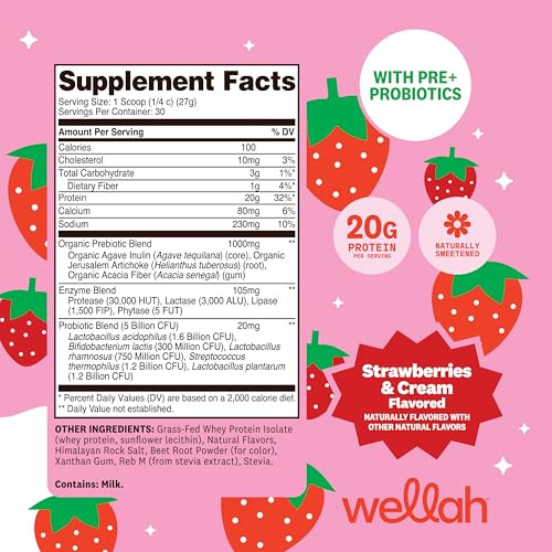 Wellah Grass-Fed Whey Protein Isolate Powder (Strawberries And Cream) 30 Servings - With Prebiotics Enzymes & Probiotics 20G Of Protein 100 Calories Naturally Sweetened