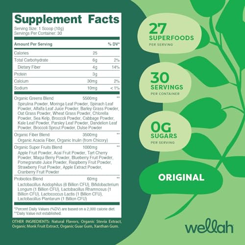 Wellah Leaf Laugh Love Super Greens Powder (Unflavored) 30 Servings - Superfood Supplement Drink Mix