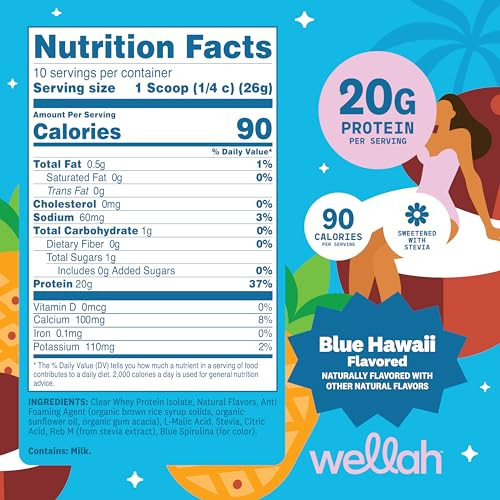 Wellah Clear Whey Protein Isolate Powder (Blue Hawaii) 10 Servings - 20G Of Protein 90 Calories Sweetened With Stevia