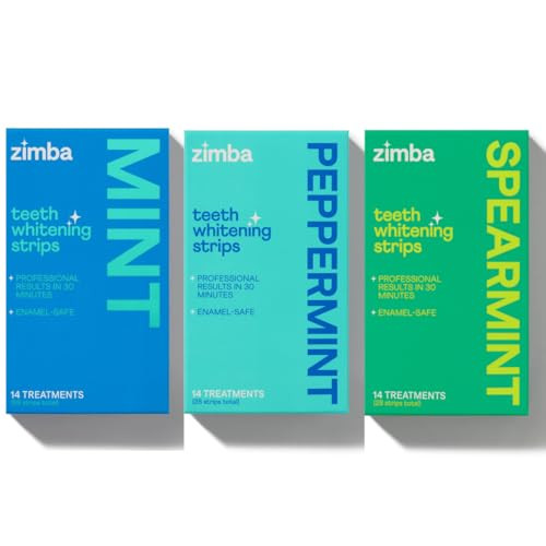 Zimba Teeth Whitening Strips 3-Pack Bundle (Mint Spearmint Peppermint) Vegan Whitening Strip Enamel Safe Teeth Whitening Hydrogen Peroxide Teeth Whitener For Coffee Wine Tobacco & Other Stains