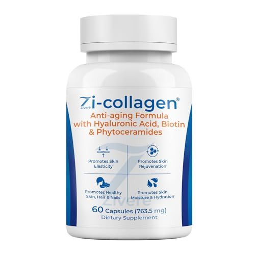 Zivere Zi-Collagen Marine Collagen Capsules For Skin Hair & Nails Support With Phytoceramides Hyaluronic Acid Biotin & Vitamins A C D3 E 60 Capsules