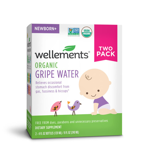 Wellements Gripe Water 4 Fl Oz (Pack Of 2) Relieves Occasional Stomach Discomfort From Gas Fussiness & Hiccups Usda Certified Organic Gluten Free & Non Gmo Ages Newborn+